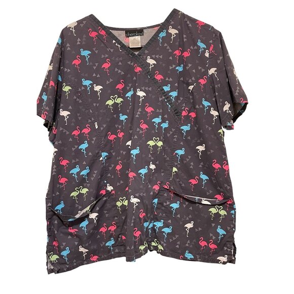 Cherokee 2XL Gray Flamingo Print Womens Scrub Top With Pockets - Picture 1 of 4